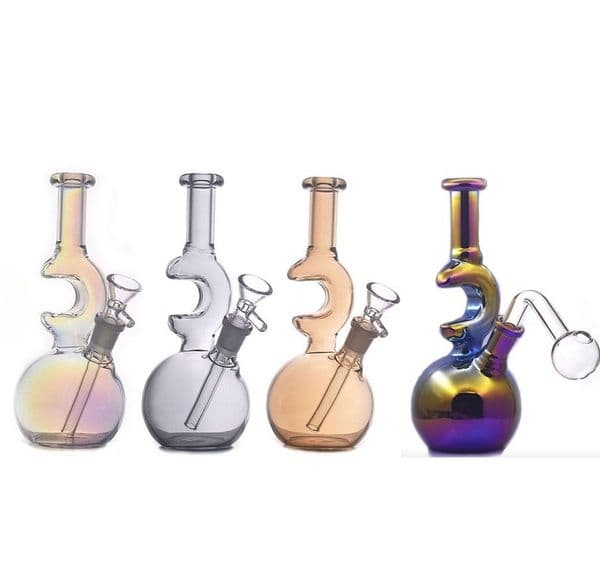 Rainbow Colorful Moon Shape Glass oil burner Bong pipe Thick Heady Water Bubbler Bongs Pipes Hookahs With Downstem 14mm male smoking banger Tobacco bowl