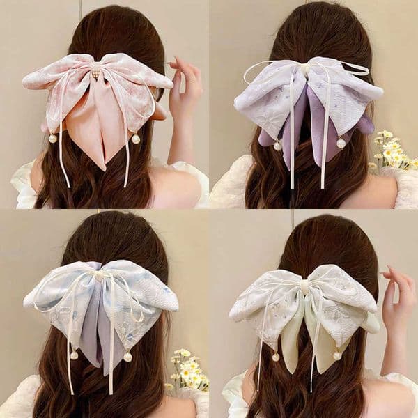 Floral 1PC Elegant Print Bow Hair Clips With Pearl Tassels Sweet Satin Bow Hair Accessories For Women Daily Party Hairstyles M260603