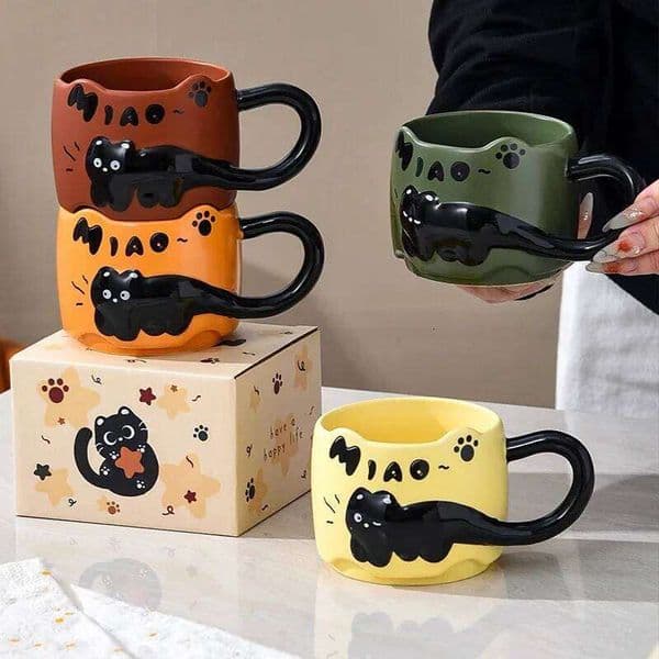 Cat Coffee Tea Cup Cute Cartoon Design Stacking Creative Adorable Ceramic Fun Gift For Daily Household Use Mug 26L0603