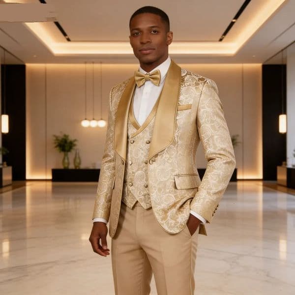 Champagne Jacquard 3-Piece Mens Formal Smoking Suit with Shaw Lapel Blazer Set for Groom Wedding Man Tuxedos for Party 260602