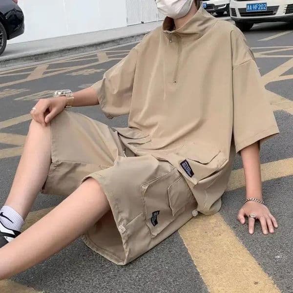 Men's Tracksuits Cotton Shorts Set Stand-up Collar Plain Half Zipper Two-piece Loose Novelty In Chic Slim Fit Kpop Male T Shirt Short Sets