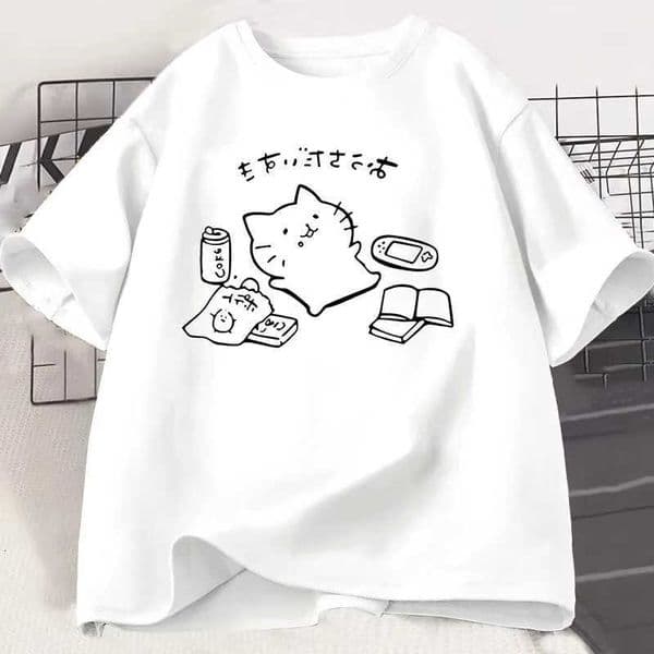 Plan No Japanese Cat Style Print T-shirt for Women Funny Short Sleeve Summer Tshirt Kawaii Kitty Cat Lover Tee Aesthetic Clothes M260603