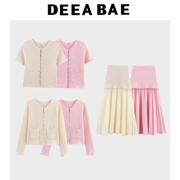 DEEABAE Autumn And Winter Round Neck Buckle Decoration Gentle and Versatile Short Sleeve Knitted Cardigan Half Skirt Set 260529