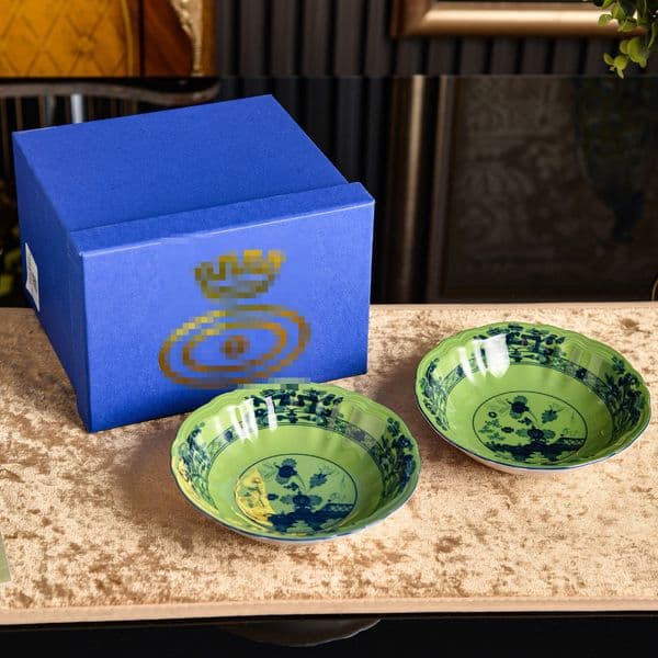 Vintage Green Base Blue Floral Porcelain Plates Set, 2Pcs Retro Chinese Style Ceramic Dessert Bowls with Gift Box for Fruit Snack & Housewarming Gift