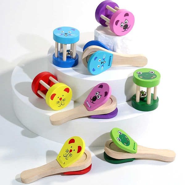 Kids Cartoon Wooden Castanets Bells Music Instruments Baby Clapper Handle Musical Instruments Toys Educational Toys For Children L260603