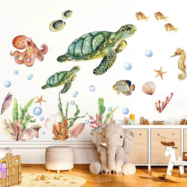 Watercolor Turtle Octopus Wall Sticker Nursery Kids Room Sea World Ocean Coral Horse Decal Bedroom Living Decor 260601