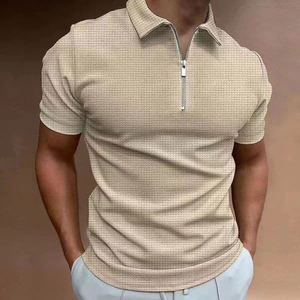 Summer Mens Solid Color Waffle Polo Shirt Short Sleeve Collar Zipper T-shirtMens Casual Street Wear Mens Top 260602
