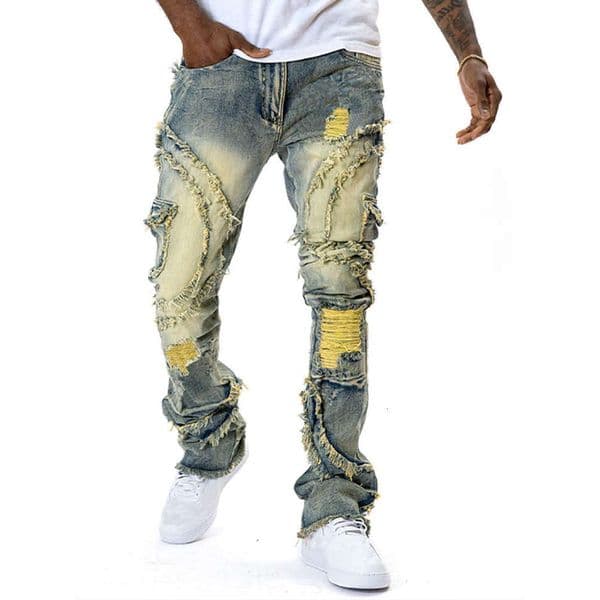 Ripped Patchwork Fashion Men's Jeans Zipper High Waist Slim Pencil Denim Pants 2025 Autumn Male Streetwear S260603
