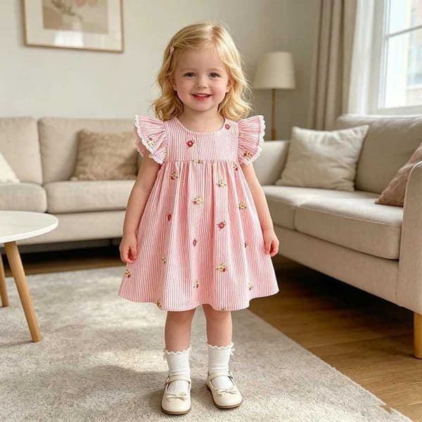 2026 New Summer 2-6Yrs Princess Dress Striped Cute Sweet Baby Girl Pink Round Neck Dress Flying Sleeve Cotton Embroidery Dress L260602PNUZ