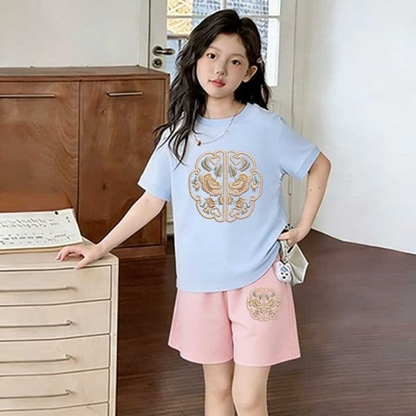 Summer embroidered print casual loose two-piece set for girls childrens round-neck lightweight fashionable shorts outfit L2605213QEF
