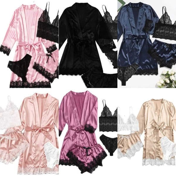 Sleepwear 4 Pieces Satin Womens Sexy Pajamas With Robe Lace Lingerie Bathrobe Silk Home Clothed Nightwear Suit Loungewear Y260603