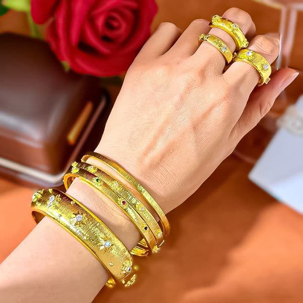 Elegant Blue Turquoise Bracelet Gold Tone Crystal Accent Woven Texture Engraved Finish Luxury Jewelry Gift For Women Party Anniversary For Special Occasions
