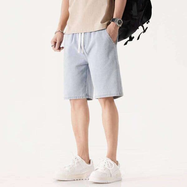 Men's Casual Loose Fit Denim Summer Drawstring Waist Straight Leg Jean Shorts for Men