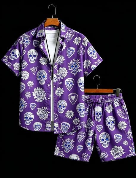 Mens Day of the Dead skull print twopiece set short sleeved shirt and shorts for summer travel artistic leisure style 260603