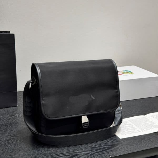 Designer Bags Nylon & Leather Trim Messenger Crossbody Bag Mens Flap Shoulder Bag with Buckle Closure for Work & Daily Commute