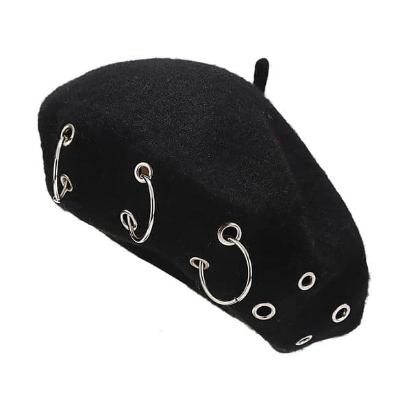 Fashion Winter Berets For Women girl Punk Rock Style Iron Rings Beret Caps Retro Wool Hats Black Woolen Painter Caps 260603