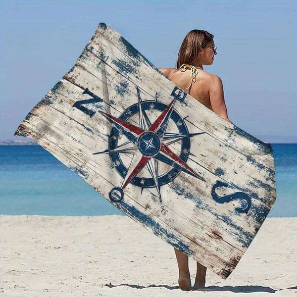 Large Distressed Wooden Compass Print Beach Towel - Super soft and quick-drying, vintage nautical design, distressed blue wooden 26Y0603