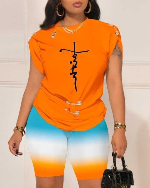 Summer 2025 Womens New Set Fashion Round Neck Printed Pin Top Shorts Casual Sports Elegant Womens Set Two Piece Set D260603