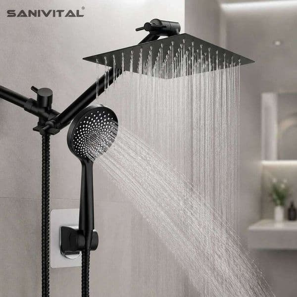 SANIVITAL Matte Black Rainfall Shower Head Set Bathroom Kit with Handheld Sprayer Easy DIY Installation
