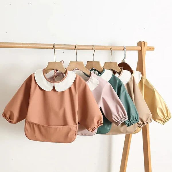 Easy Clean PU Full cologne Sleeve Bib Baby Kids Solid Color Soft Faux perfume Leather Children Apron Painting Meals Protection Waterproof Smoc 002