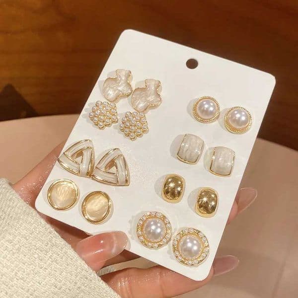 Elegant Temperament Imitation Pearl Stud Earrings Women's Pieces/set Round 16 Square Geometric Opal Ear Studs Daily Party Wear X260603