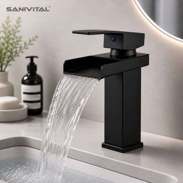 SANIVITAL Matte Black Stainless Steel Waterfall Bathroom Faucet Single Handle Basin Mixer Tap Modern Sink Hot Cold Deck Mount