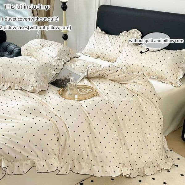 3pcs Korean lace Duvet (1*Duvet Cover + 2*Pillowcase, Without Core), Black dot print Bedding Set 26Y0604