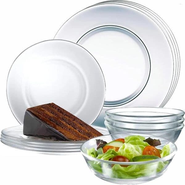 Plates 12-Piece Clear Glass Dinnerware Set: Round & Bowls Dishwasher Safe For Dining Parties