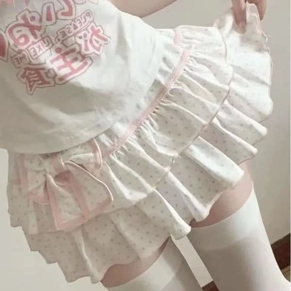 Deeptown Harajuku Y2k Lolita Mini Skirt Women Bow Japanese Style Kawaii Pleated Skirts Sweet Dot Ruffles Cake Layered Skirts 260604