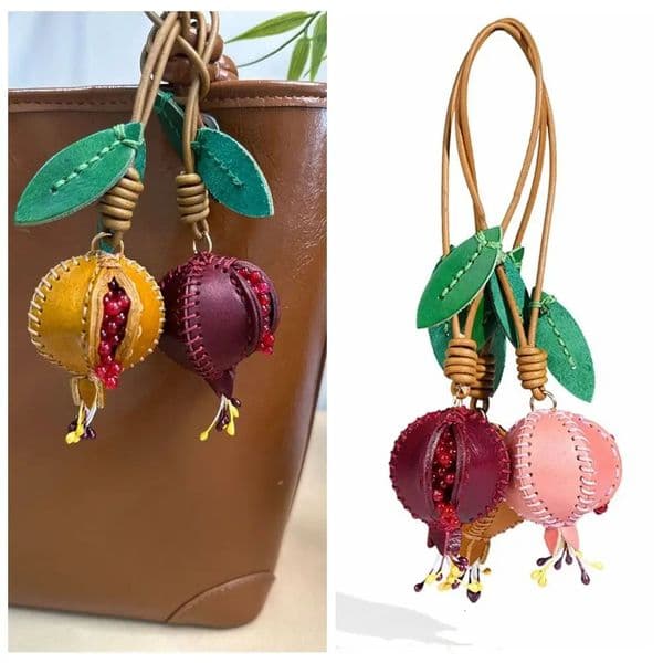 Genuine Leather Pomegranate Fruit Pendant Creative Handmade Fashion Delicate Handbag Ornament Cute Personalized Bag Accessories 260602