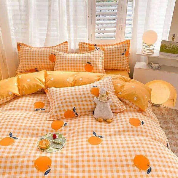 Ins Orange Checkerboard Duvet Cover Flat Sheet Pillowcases Twin Full Double Size Pink Blue Bedding Set Home Decor For Kids Adult 26Y0604