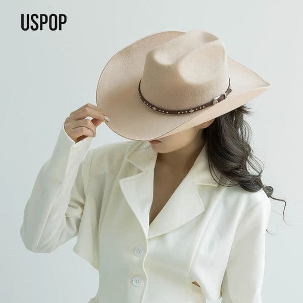 USPOP Wool Cowboy Hat with Studded Leather Band Wide Brim Western Fedora Outdoor Fashion Hat 4 Sizes for Men Women 260603