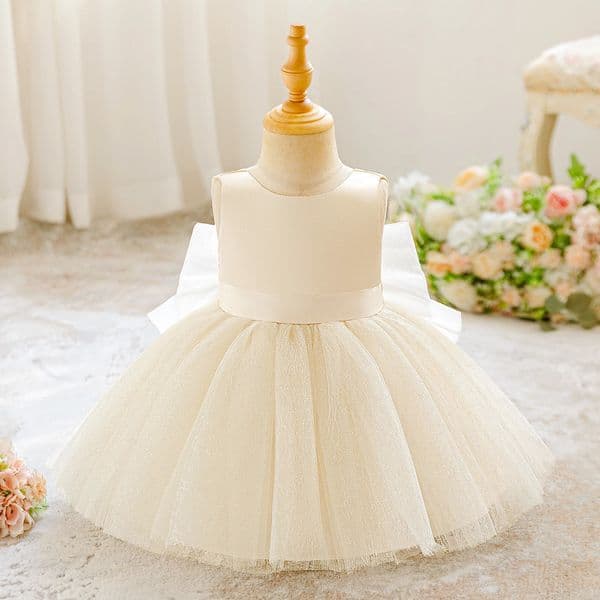 Toddler Bow Baptism Party Baby Girl Dress Elegant 1st Birthday Wedding Princess Dress Girls White Bridesmaid Christening Costume 260603