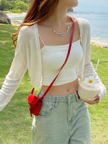 Women's Knits 2026 White Tie Up Summer Cardigan Women Sexy Long Sleeve Sheer Thin Crop Tops Woman Chic All Match Short T Shirt
