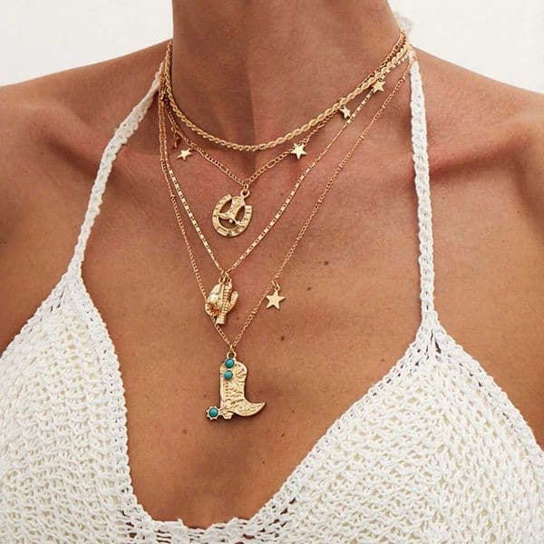 Hat Cactus Cowboy KunJoe 4Pcs/Set Boots Pendant Necklace for Women Vintage Multi layer Gold Color Chain Necklace Daily Jewelry L260604