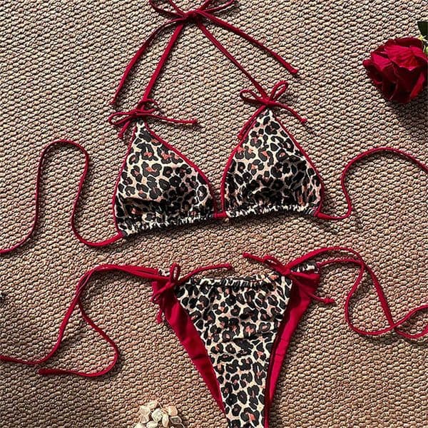 Leopard Bikinis Red Sets Bowknot String Backless Swimsuit Push Up Halter Extrem Swimwear Thong Women Beach Bathing Suit T260604