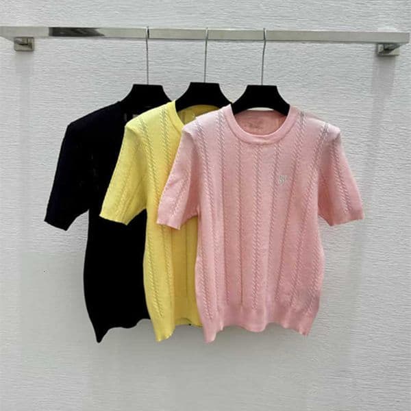 Women's Knits & Tees Designer Woman Clothing Ribbed Hollow-out Striped Casual Age-reducing Knit Short-sleeve Top For Women