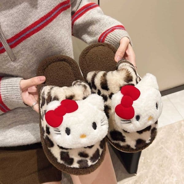Kitty 2026 Leopard Print Hello Fur Slippers Kawaii Indoor Comfortable Non-Slip Slippers Cute Couple Cotton Shoes Gift C260604
