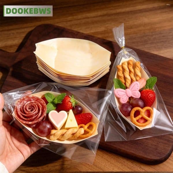 Plates 75-Piece Disposable Eco-Friendly Wooden Tray Set Includes 25 Boat-Shaped Dinner Snack Bags And Tie Straps Can Be Used To