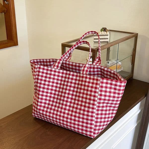 Large Capacity Plaid Womens Canvas Shoulder Bags Simple Female Shopping Bag College Girls Book Tote Travel Handbags260601