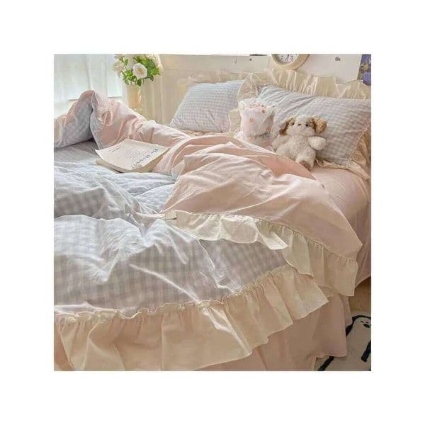Korean Style Girls Heart Four-Piece Set Princess Bedding Washed Cotton Soft Plaid Student Dormitory Three-Piece Apartment 26L0604