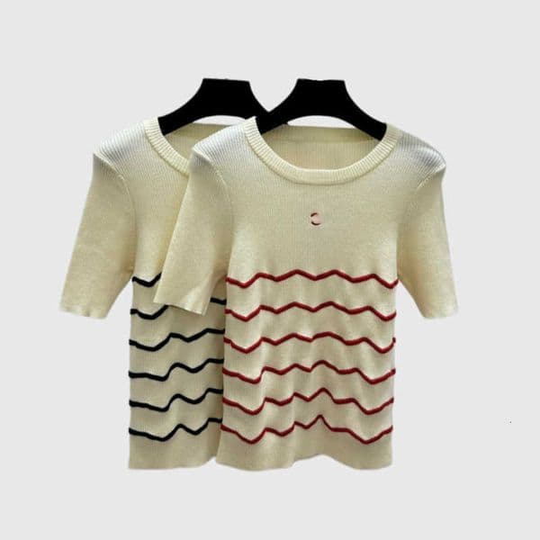 Women's T-Shirt Designer Woman High-End Luxury CH Style Embroidered Contrast Color Wave Stripe Round Neck Knit Short Sleeve Top