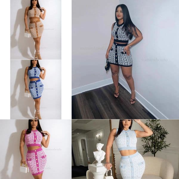 2026 Desiner Set European And American Fashion Luxury Round Neck Sleeveless Waist Knitted Tank Top Geometric Stripe Sexy Short Skirt Set Trendy Women's 8e