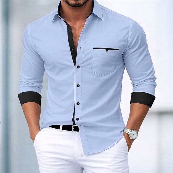 Mens button-collar non-iron shirt color-blocked casual everyday wear blue white pink khaki long-sleeved turn-down collar spring wear