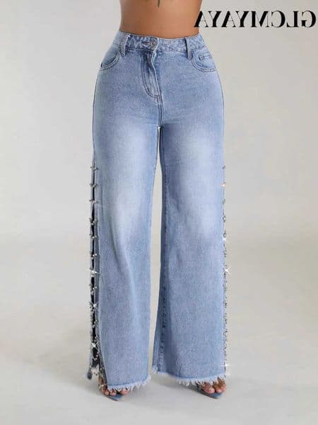Women Diamonds CMYAYA Hot Rhinestones Open Side Wide Leg Straight Denim Pants 2025 Street Fashion Blue Wide Leg Jeans Trousers T260604