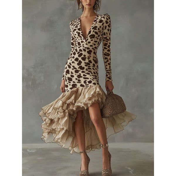 New European And American Women's Long-Sleeve V-Neck Digital Print Stone Pattern Spliced Mesh Dress WONST
