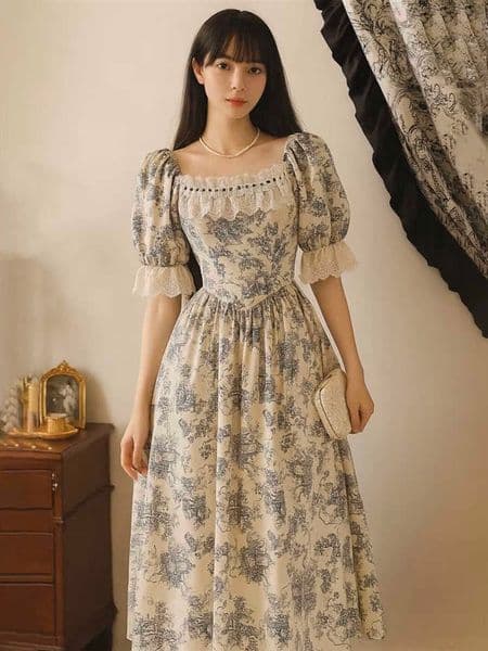New Plus Size Botanical Print Long Dress Woman Square Neck Lace Short Puff Sves Slim Party Dresses French Cute Birthday Dress L260604