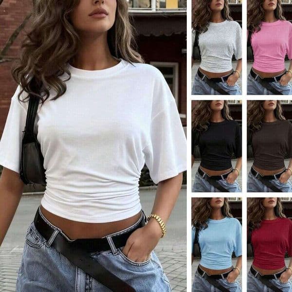2026 European And American Hot-Selling Summer Pleated Solid Color Round-Neck Waist-Cinching Slim-Fit Women's Short-Sleeve Top F21