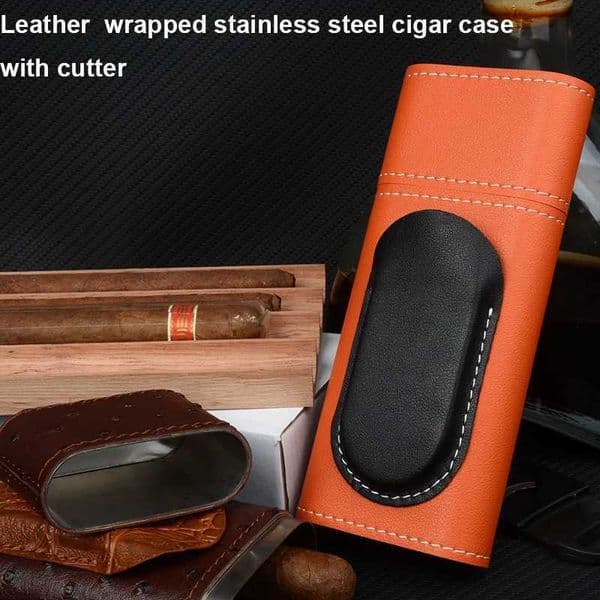 Leather Cigar Case Bright Orange Cigar Holder 54 Ring Cigar Humidor Stainless Steel Mini Cigar Box W Cutter Durable Cigar Tool J260604