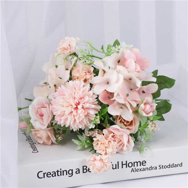 Peach Pink Hydrangea & Rose Bouquet, Artificial Flower Bundle for Home & Wedding Table Decor L260601